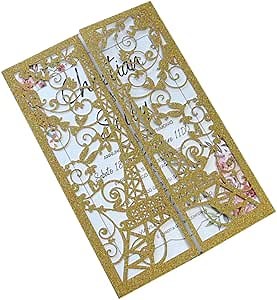 50 Pieces Laser Cut Eiffel Tower Birthday Wedding Invitation Card Quinceanera Engagement Bridal Shower Party Invitations Jacket 5 * 7 inch (Glitter Gold)