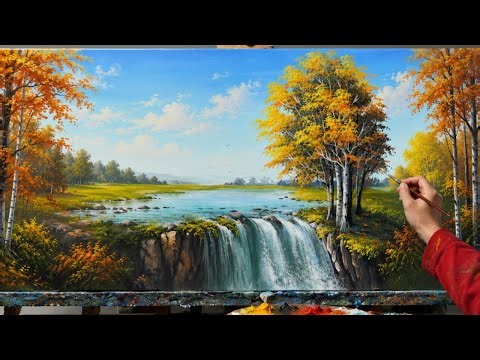 How to paint an autumn birch tree beside a waterfall | Easy acrylic landscape painting