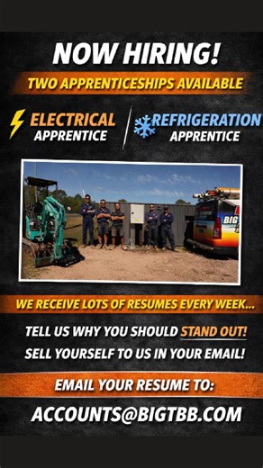 ⚡ APPRENTICESHIP OPPORTUNITIES – BUNDABERG ❄️☀️ BIG T ELECTRICAL, COOLING & SOLAR We’re hiring: 🔹 1 x Electrical Apprentice 🔹 1 x Refrigeration Mechanic Apprentice This opportunity doesn’t come around often. We’re looking for individuals with a go-getter attitude, ready to work hard, learn fast, and be part of a great team!! ✅ 4-day working week ✅ Friday RDO ✅ Full-time positions available after probation ✅ Must have licence & own transport 📱 Phone-based paperwork is a part of every day (iPho