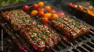 Outdoor barbecue with sizzling meats and vibrant vegetables grilling on a smoky grill, perfect for a summer family dinner