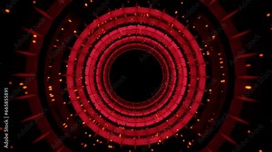 red spinning circle with flashing particles rotates on a black background. looped animation. 3d render