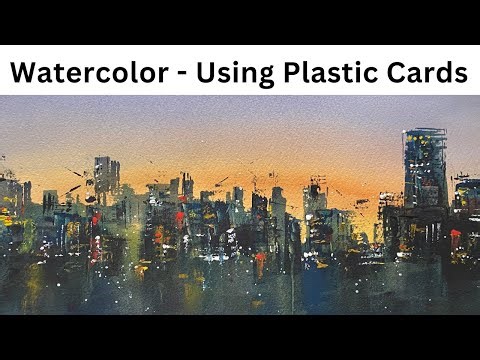 Semi Abstract Sunset Watercolour Painting Using A Plastic Store Card