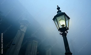 Beacon in the Mist: A Lone Lamp Post Illuminates the Foggy Night