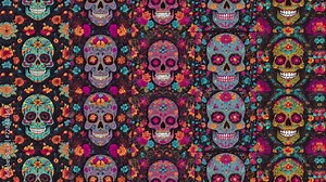 Sugar skulls. Animated death symbols. Gothic background with flowers. Mexican skulls. 29,97fps