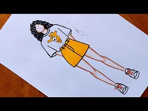 How to draw a girl wearing a T-shirt with skirt step by step | Easy drawing