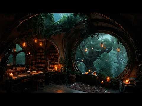Dark Academia Study Ambience in a Forest Library | Moody Ambience & Warm Candles | Calm Work Vibes
