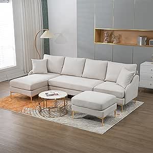 Deep Seat Convertible Sectional Sofa with Reversible Chaise and Movable Ottoman , U Shaped Oversized Corner Couch with Golden Metal Legs and Throw Pillows ,Polyester Blend Upholstered Sofa&Couches