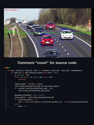 I counted moving vehicles on the road using Python! #python #ai #computerscience #programming #softwaredeveloper #computerscience #animation #softwareengineer #webdeveloper #coding #htmlcoding #programmerhumor #tutorial