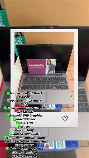 ✅Lenovo IdeaPad Slim 3 15IAN8 - ✅Procesador : 1x Intel® N100 ✅Almacenamiento: 4GB RAM - 128 GB SSD ✅1x Intel® UHD Graphics ✅macOS Tahoe ✅15.6'' FHD ✅Nueva Precio : 300$ ✅Compras 8883-0463 ✅ Financiamiento disponible con Banpro , Ficosha , Bac , la fise y credex ✅ visítanos puente el edén 400 metros abajo N&G INVERSIONE#presion #laptop #sanvalentin #msi #macbookpro