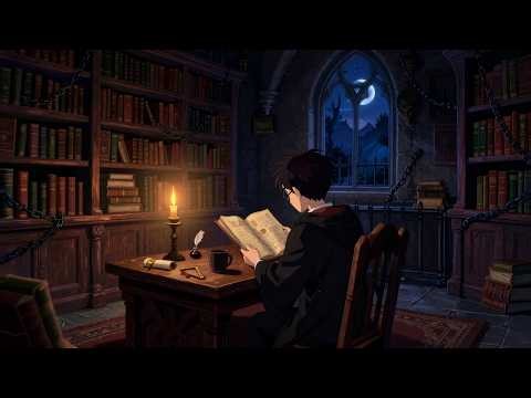Moonlit Library Study Nook | Peaceful Fantasy Ambience with Crackling Candle & Night Sounds 🌙🕯️