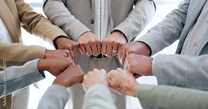 Business group, hands and people fist bump for teamwork, collaboration and corporate team building, goals or support. Staff mission circle, project collaboration and synergy or integration sign