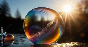 large soap bubbles float in space and the sun shines brightly, directing its rainbow rays