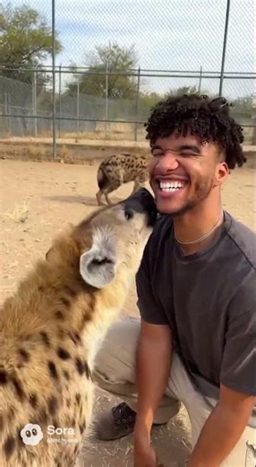 Carter petting hyenas