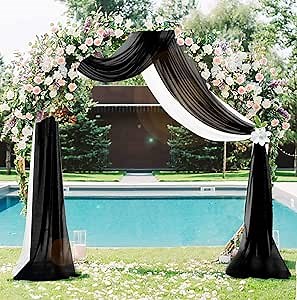 ShinyBeauty Wedding Arch Draping Fabric White Chiffon Wedding Arch Drapes 2 Panels 6 Yards Black Wedding Drapes for Backdrop Arch Decorations for Wedding Ceremony (White+Black)