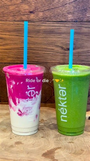 Nékter Juice Bar on Instagram: "Our mood until further notice: positively wicked 🤭✨ Grab your bestie and fly in for a wickedly delicious smoothie this weekend 🪄💫 💚 Tropical Cooler — spinach, kale, pineapple, banana, coconut water 🩷 Glow Getter — strawberry, pineapple, dragon fruit, date, housemade cashew milk, collagen, zero-calorie sweetener Pull up, sip the magic, and thank us later 🙂‍↕️ . . . #Nekter #NekterJuiceBar #Wicked #Elphaba #Glinda #SmoothieLovers #Smoothies #HealthyEats"