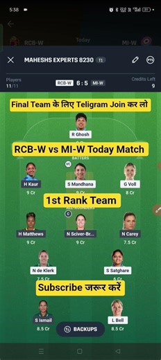 RCB-W vs MI-W Dream11 Team Today | RCB-W vs MI-W Dream11 Prediction | RCB-W vs MI-W | #shorts