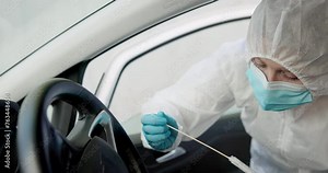 Science, csi and swab for dna sample in crime scene car for investigation of accident and burglary with hazmat..Forensic, research analysis and person with evidence collection for medical observation