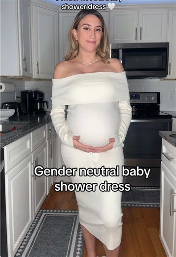 This Viral sweater dress comes in 20 different colors, including this cream color that I think would be so cute for a winter gender neutral baby shower! #genderneutralbabyshower #babyshowerdress #babyshower #maternitydress #sweaterdress
