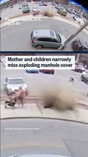 Mother and children narrowly miss exploding manhole cover