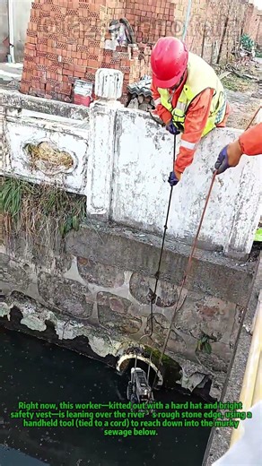 River Sewage Cleanup: Worker Uses Hand Tool to Clear Underwater Gunk #RiverCare