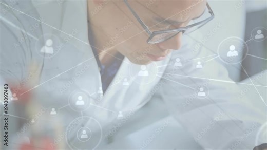 Male tech probing PCB on bench, testing parts while camera rising, network overlay emerging