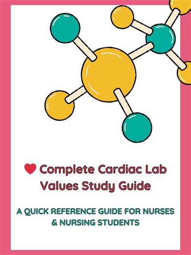 cardiac lab values study guide: Cardiac lab reference guide covering troponin, BNP, CK-MB, and more for nursing school and nclex review.
