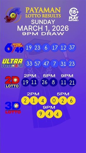 Lotto Result Today 9PM March 1, 2026 (PCSO Lotto 2D, 3D, 649, 658)