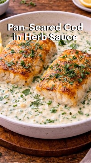 Pan-Seared Cod in Creamy Herb Sauce 🐟🌿 Golden, flaky cod fillets nestled in a rich, creamy herb sauce—simple, elegant, and perfect for weeknights or special dinners. Ingredients For the Cod 2–4 cod fillets (about 6 oz each) Salt & black pepper, to taste 1 tsp garlic powder 1 tsp paprika 1 tbsp olive oil 1 tbsp butter For the Herb Sauce 1 tbsp butter 2 cloves garlic, minced 1 cup heavy cream ½ cup chicken or vegetable broth 1 tsp Dijon mustard (optional) 2 tbsp fresh parsley, chopped 1 tbsp fre