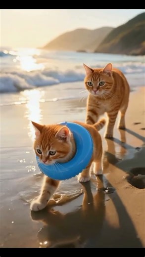 “Orange Mama Cat Helps Her Kitten Take a Seawater Bath | Cute Cat Family Moments”#feedshorts #funny