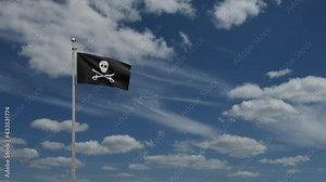 3D, fabric texture of the pirate skull with sabers flag waving in wind with blue sky. Calico Jack pirate symbol for hacker and robber concept. Realistic flag of Pirates black on the wavy surface-Dan