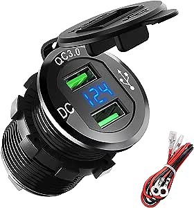 Quick Charge 3.0 USB Charger Socket, ADSDIA 12V/24V 36W Aluminum Waterproof Dual Car Charger Power Adapter Outlet with LED Display for Cell Phone Chargers for use in Vehicles