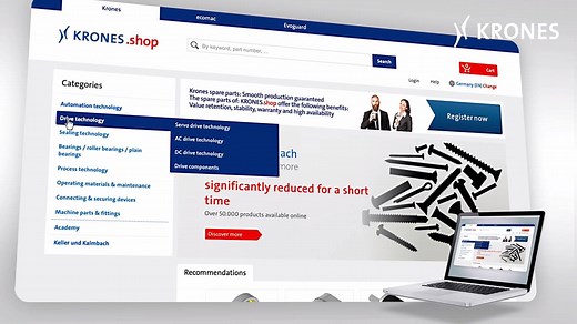Instead of trawling through article lists, writing emails or making phone calls, all you need is a few clicks – and the spare part you want will already be on its way to you. Thanks to the Krones.shop You can register very simply online under shop.krones.com. We will then create your personal profile and link it to parts lists, drawings and electrical schematics for your machines. After you've received your log-in data from us, you can get started straight away: selecting and ordering the parts