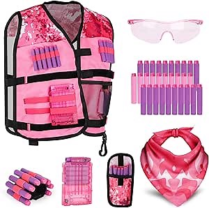 Lehoo Castle Kids Tactical Vest Kit Girls for Nerf Guns N-Strike Elite Series for Boys, with 30 Refill Darts, Dart Pouch, Tactical Mask, Protective Glasses (Pink)