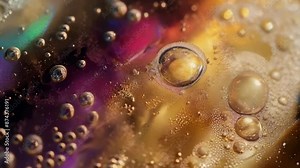 This image showcases a close-up of fizzy bubbles in a colorful carbonated drink. The vibrant colors and bubbles create a lively and dynamic scene, highlighting the effervescence of the beverage.