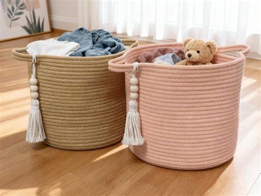 Handmade Cotton Rope Basket: Woven Laundry & Storage Bin - Etsy