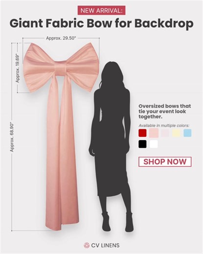 The easiest way to make your backdrop stand out 🌟 Add a touch of luxe and scale with our Giant Fabric Bow. Designed to complement drapes, shimmer walls, and balloon installs. Available in 6 statement colors! Shop our new arrivals 🛍️ | CV Linens