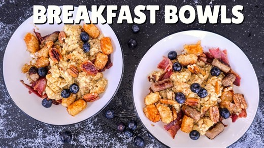 How to make scrambled pancake breakfast bowls with all the fixings