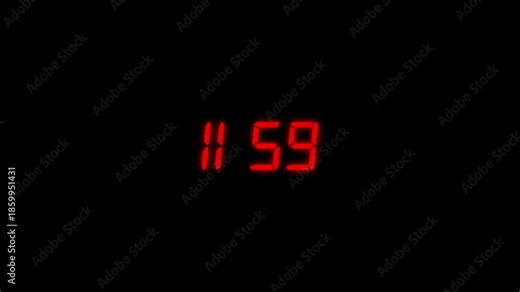 Timer concept, Red color digital timer number icon with looped animation on transparent background . 11 hours 59 minutes clock looped animation. (11 hours 59 min)