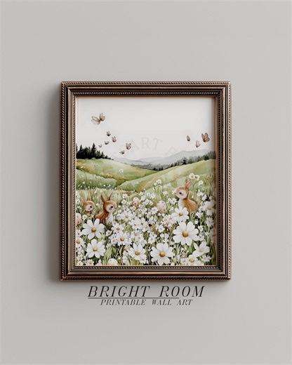Springtime Printable Nursery Art, Watercolor Sketch of Rabbits and Daisies in Meadow, Kids Room Wall Art, Digital Download Decor 103 - Etsy