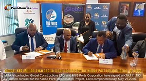 6.1K views · 71 reactions | #BUSINESS: A local contractor, Global Constructions LTD, and PNG Ports Corporation have signed an almost K80 million contract for the Kimbe Port Rehabilitation Project- Land component today, May, 27,2025. More here: ( https://www.postcourier.com.pg/almost-k80-million-awarded-to-local-contractor-for-kimbe-port-rehabilitation-project/ ) | Post Courier | Facebook