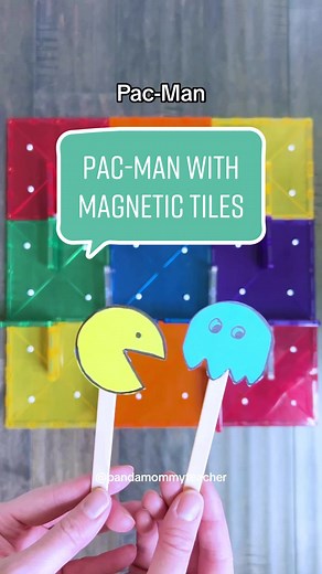 Pac-Man Magnetic Tiles Game 🟡 Need game ideas? Here is one I came up with after my 6 year old told me he wanted a $270 Lego Pac-Man Arcade set. 😳 Materials Needed: 🟡 cardstock paper 🟡 markers 🟡 magnetic tiles 🟡 hole puncher 🟡 white paper 🟡 popsicle sticks 🟡 masking tape Instruction: 1. Make a 3x3 board using 9 big magnetic tile squares (I used @Connetix Tiles) 2. Make your maze using magnetic tile rectangles (you can also use regular square tiles). 4. Use a hole puncher and punch out ho