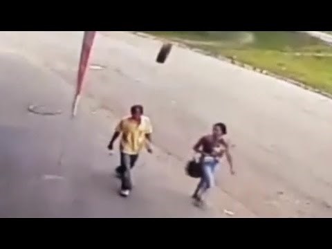 Bizarre video shows man getting hit by runaway tire