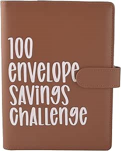 100 Envelope Challenge Binder | Easy and Fun Way to SaveMoney Saving Challenge Box kit Cash Saving,Savings Challenges Budget Book Binder with Cash Envelopes for Office,Home,School (Brown)
