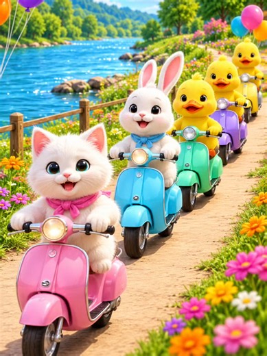 Cute Cat Bunny and Ducklings Scooter Adventure — Funny 3D Animation