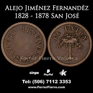 Boleto de café (coffee token) Alejo Jiménez Fernández 1828 - 1878 Empresario caficultor de Costa Rica, fue propietario de fincas en la zona noreste de San José (Tibás y la Uruca). Los “Boletos de café” una especie de moneda privada que circuló en Costa Rica a partir de 1840, para pagar a los recolectores de café. Estos boletos nos permiten aprender sobre diferentes aspectos del trabajo, la política y la economía: como evidencia de una época en la que el café se consideró nuestro “grano de oro”. 