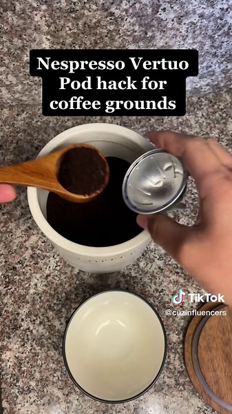 Use coffee grounds with your Nespresso Vertuo! Reuse used pods, carefully remove foil (make sure if using a knife it doesn’t puncture the pod), clean, & dry. Fill up pod with grounds (mine are fine, best to use medium ground) and seal completely with foil tops found on Amazon. Coffee Canister is from Target; the scoop is a perfect to use to pack your grounds into the pod. Foils are not reusable. #vertuopodhack #coffeeaddict #nespressovertuo #coffeetime #amazonfind #targetfind
