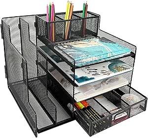 ALTOS OFFICE AND HOME Metal Mesh Desk Organizer, 1 Sliding Drawer, 4 Horizontal Trays and 2 Vertical Sections, with 3 Spaces for Pencils and Accessories Black, Reinforced Edges, Electrostatic Paint