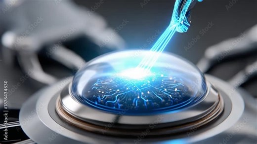 Cutting-edge Technology: A futuristic concept design showcases a technological marvel, featuring glowing blue light and intricate circuitry, symbolizing innovation and the future of science.