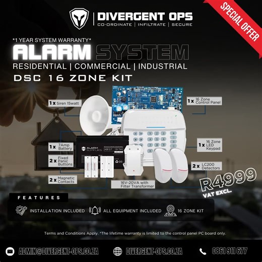 Secure your home, business, or holiday property with Divergent Ops' DSC 16 Zone Alarm Kit — now only R4999 excl. VAT! ✅ Installation INCLUDED ✅ 1-Year System Warranty ✅ Covers up to 16 Zones ✅ Ideal for Residential, Commercial & Industrial Sites 🔐 Kit Includes: • 16 Zone Control Panel & Keypad • Siren (15W), Battery (7AH), Transformer (16V-20VA) • 2x Magnetic Contacts, 2x Remote Buttons • 2x LC200 Detector 📍 Offer is ongoing but subject to a full site evaluation prior to installation 📞 Call 0