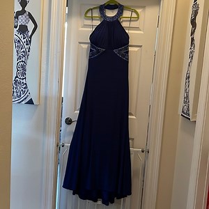 Nightway navy blue halter top down.